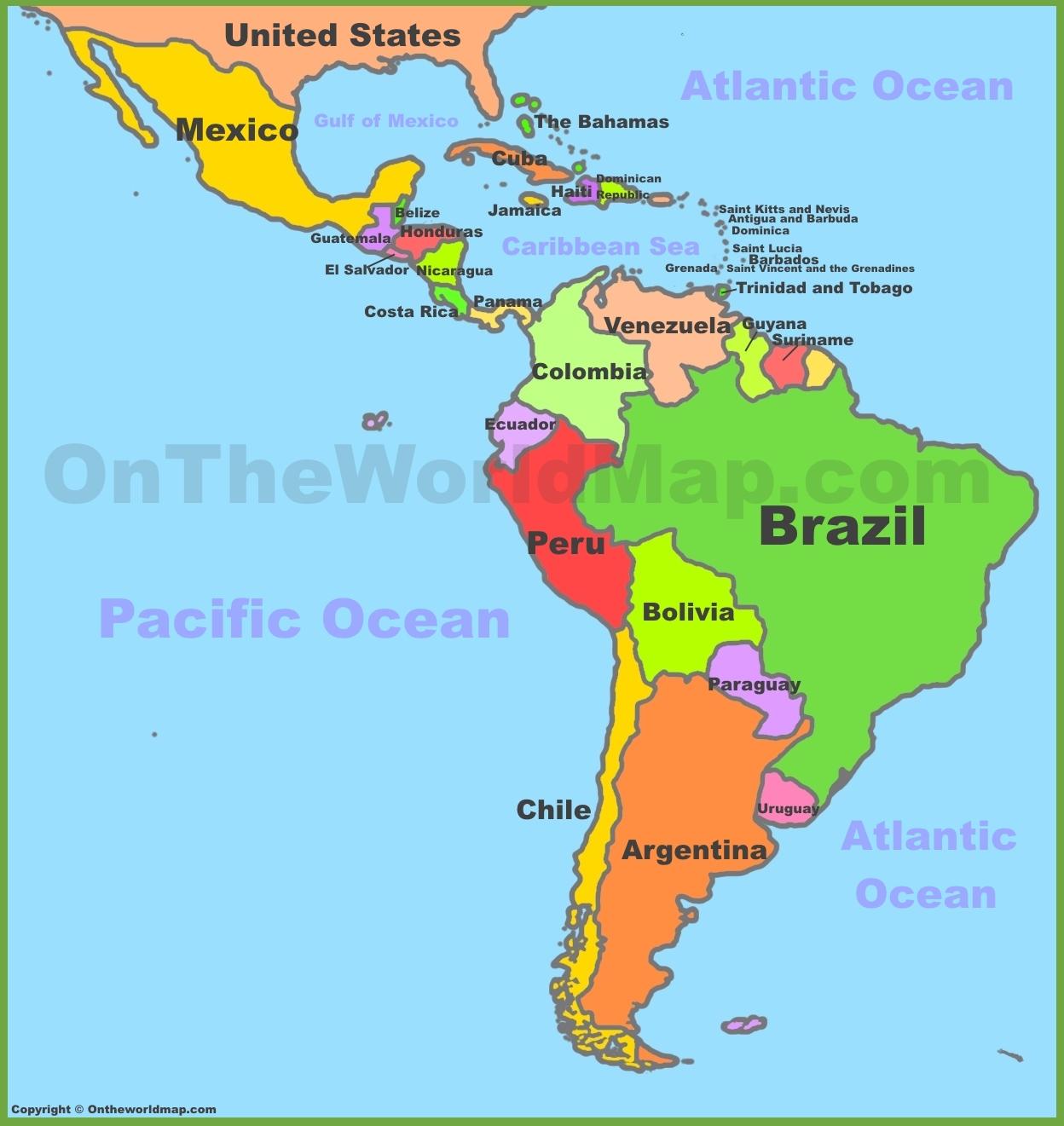 地图上的墨西哥和南美洲 