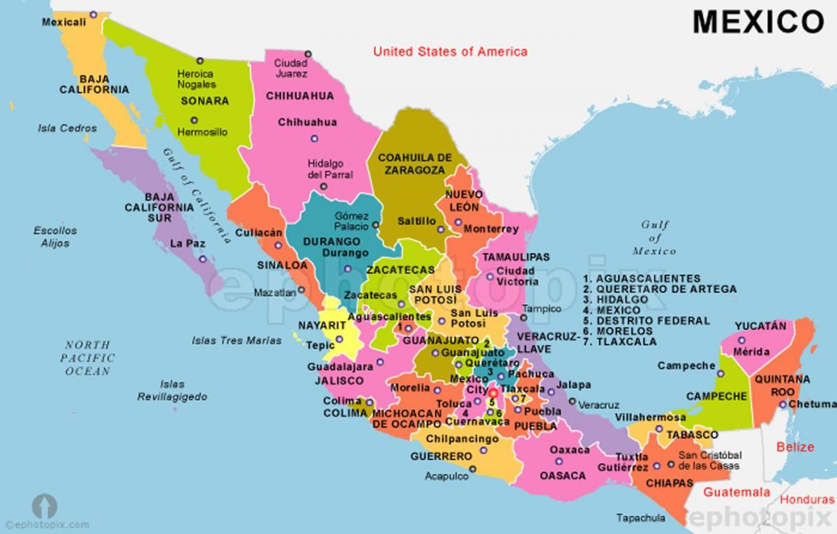 墨西哥地图与各国和各国首都